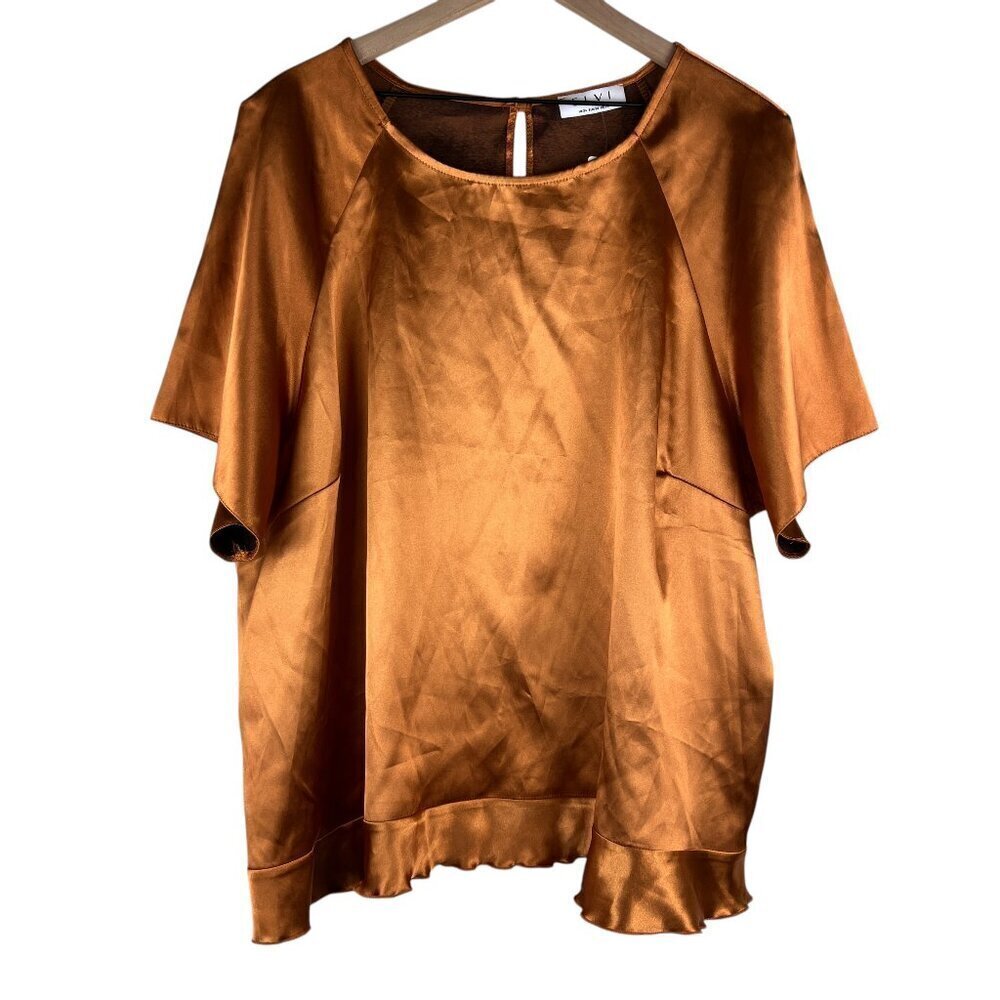 NWT Elvi Copper Metallic Short Sleeve Ruffle Hem Blouse
